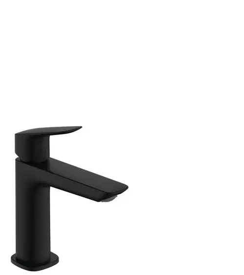 Hansgrohe Einhebel-Waschtischmischer in mattschwarz mit grifffreundlichem Hebel und integriertem Zugstangen-Ablaufsystem. Modernes Design für Badezimmeranwendung.